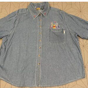Vtg Winnie The Pooh Denim Button Up Shirt Plus 26W 28W Piglet Eeyore Embroidered